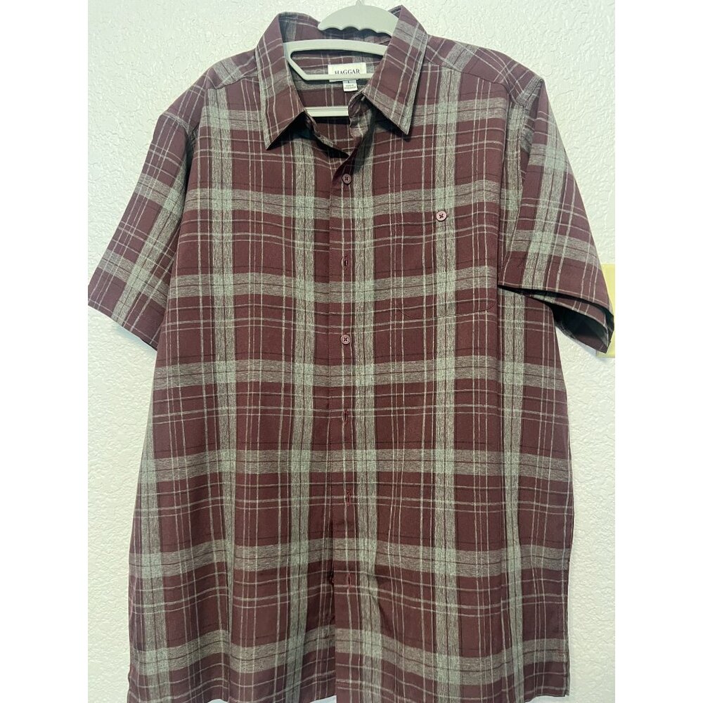 Mens Haggar Lrg SS Shirt Button Up Dress Shirt Plaid Maroon & Grey 100% Polyeste